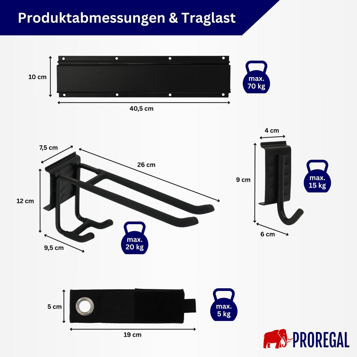 GARAGEN-WANDREGAL FORGE 8-teiliges Set Schwarz Haken Hochbelastbares Werkzeughaken für Garten, Garage - Schwarz, Metall (26/40.5/10cm) - PROREGAL