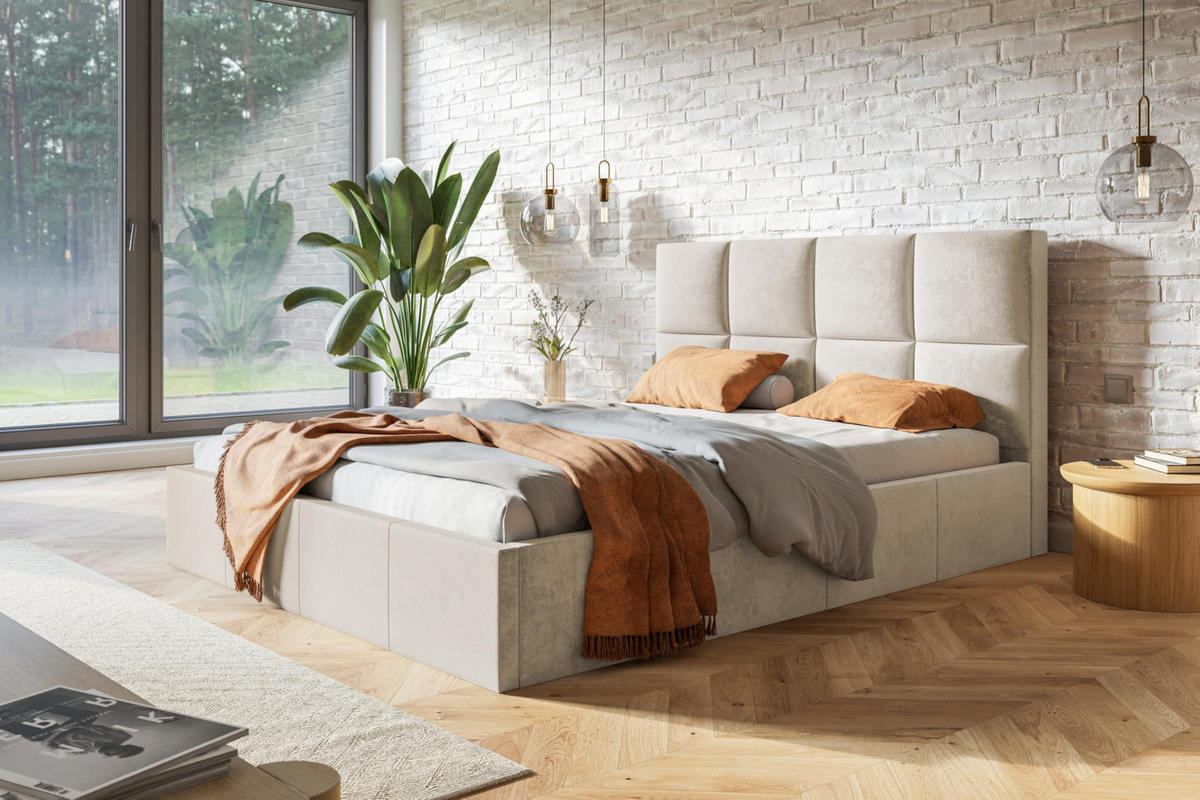 BETT 160x200 - Polsterbett mit Bettkasten und Holzrahmen - Modern Betten - Weicher Jasminstoff - Kollektion Roma, Beige - Beige, Holz/Textil (160/200cm) - Alpi-Möbel