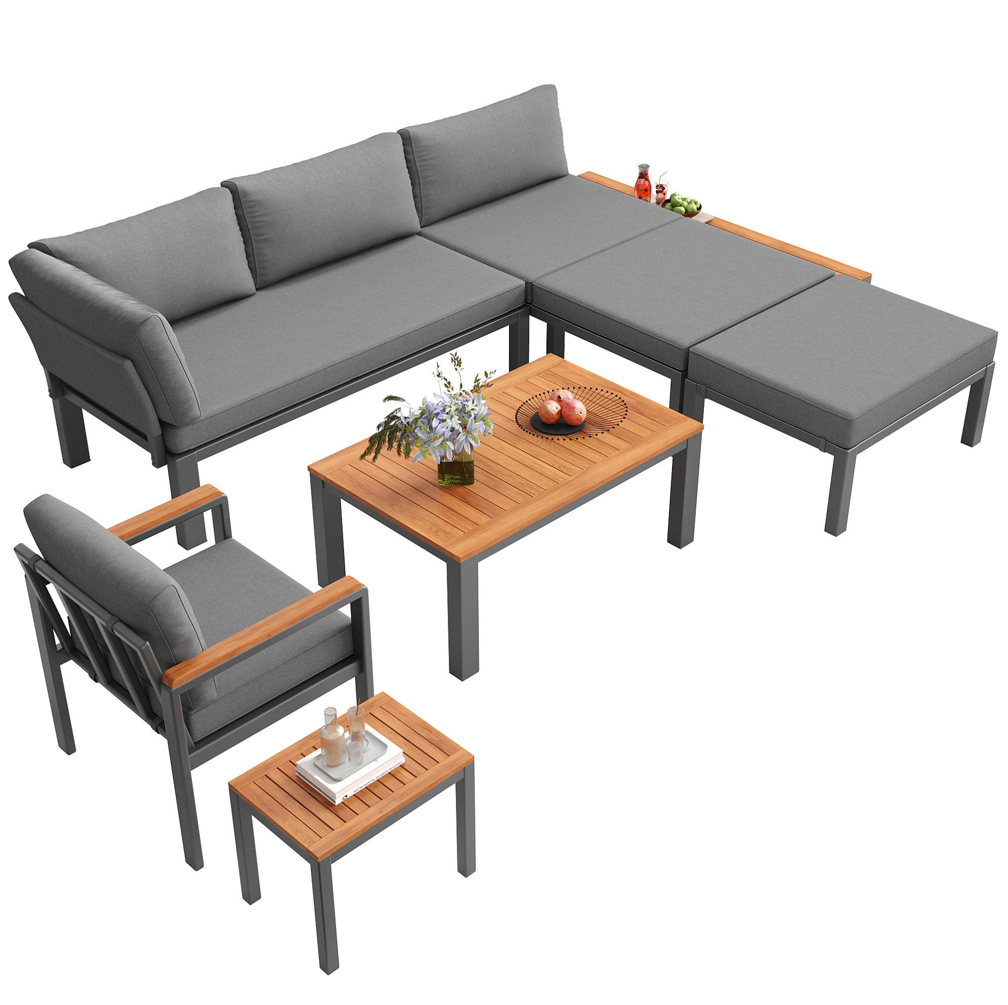 GARTENLOUNGE-SET 150/81,5/76 cm modular mit Akazienholz-Tischen und atmungsaktiven Kissen, Grau - Grau, Metall - Redom