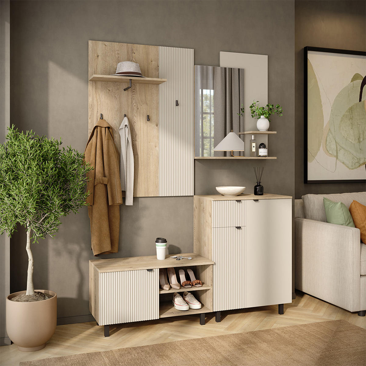 GARDEROBE Puerto, Eiche/Cashmere, 69 x 95 cm 4-er Set - Kaschmir/Eichefarben, Holzwerkstoff (69/95/40cm) - Vicco