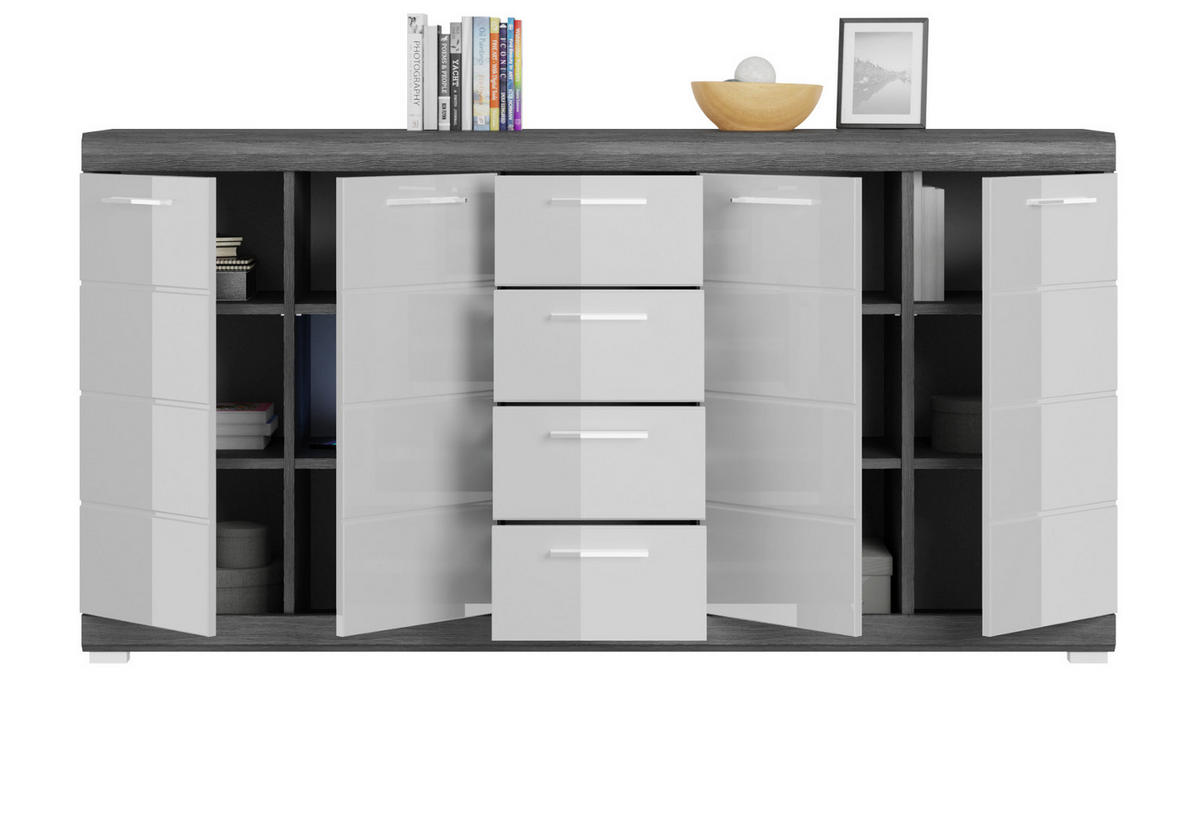 SIDEBOARD weiß Hochglanz und Rauchsilber grau 165 cm, Anrichte 4-türig, 4 Schubladen - Weiß Hochglanz/Silberfarben, Holzwerkstoff/Kunststoff (165/85/37cm) - Inn.Furn