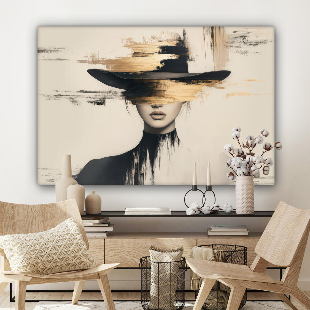 LEINWANDBILD Frau - Hut - Farbe Wohnzimmer Groß 120x80 cm - Goldfarben, Textil (120/80cm) - MuchoWow