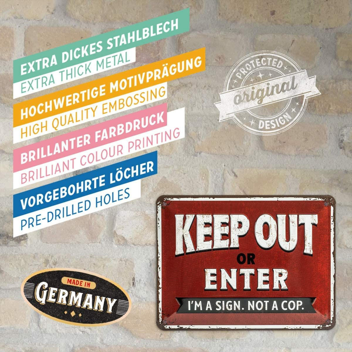 BLECHSCHILD 15/20 cm Achtung Keep Out or Enter - Multicolor, Metall (20/15/0.5cm) - Nostalgic-Art