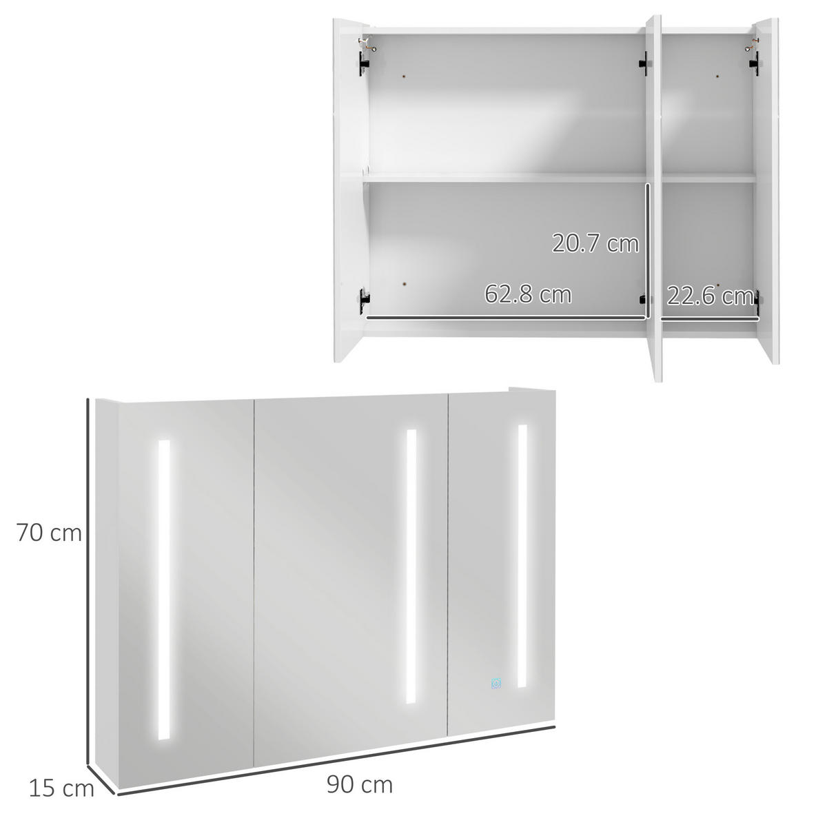 SPIEGELSCHRANK, Spiegelschrank mit USB-Ladeanschluss, 90 x 15 x 70 cm ,Weiß - Weiß, Glas (90/70/15cm) - Vallsero