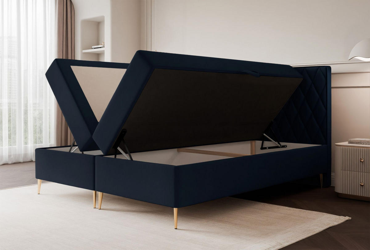 BOXBETT Caresso Dunkelblau, Velours, 180x200 cm - Goldfarben/Dunkelblau, Textil/Metall (180/200cm) - Selsey
