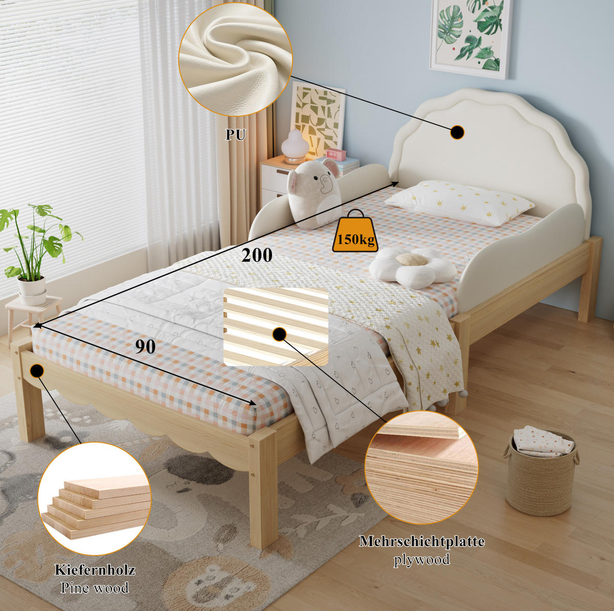 KINDERBETT 90/200 cm aus Holz mit gepolstertem PU-Kopfteil Beige/Natur - Beige, Holz (90/200cm) - Modenvie