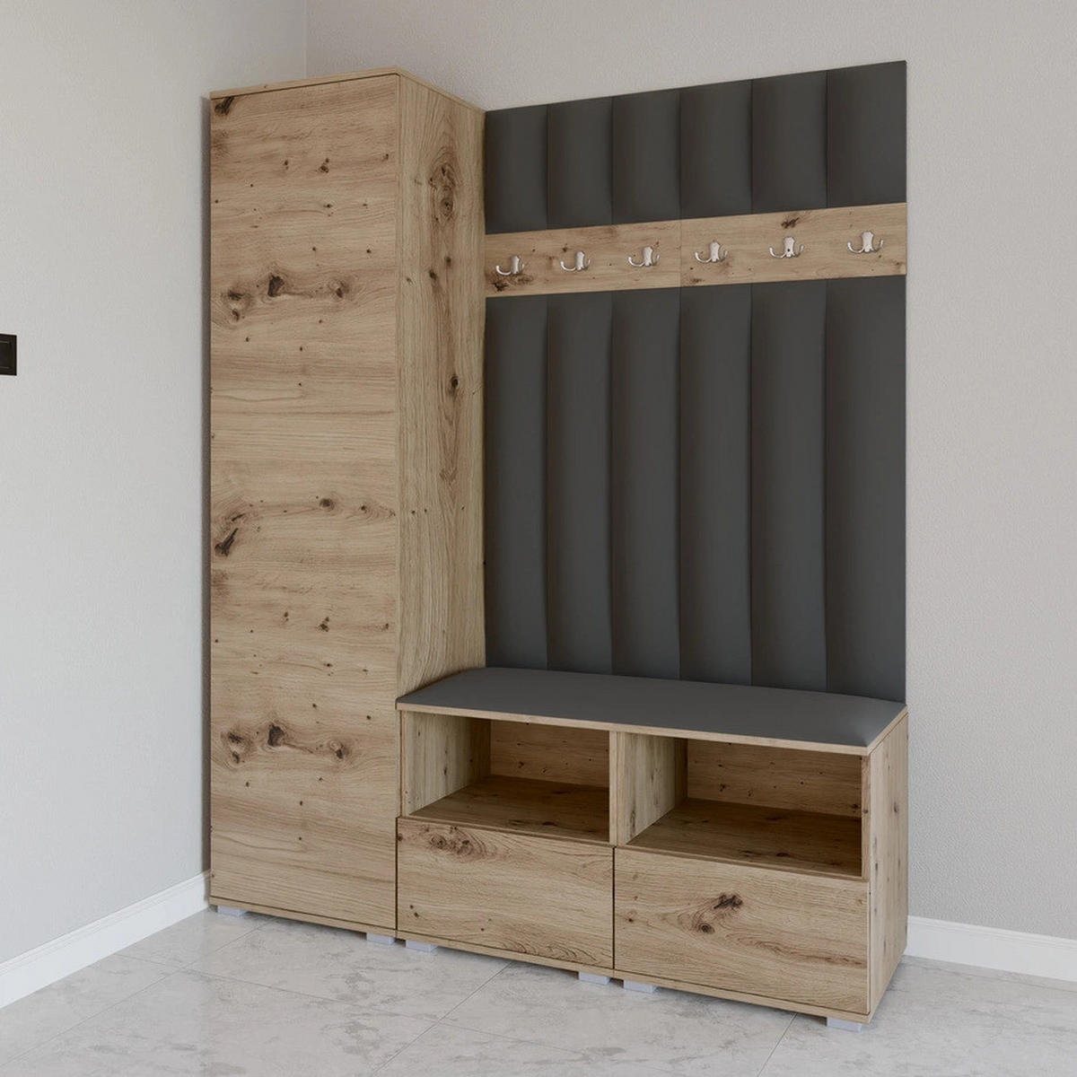 GEPOLSTERT Garderoben-Set Nela II LUX (Farbe Eiche Artisan + Stoff Trinity 15) - Dunkelgrau/Silberfarben, Holz/Holzwerkstoff (150/187/40cm) - Ravio