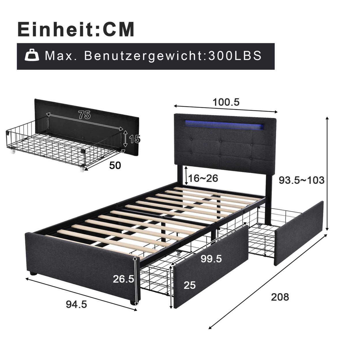 POLSTERBETT 90/200 cm mit Matratze LED-Beleuchtung, 2 Schubladen, verstellbarem Kopfteil und Federkernmatratze, Grau - Grau, Textil (90/90cm) - Redom