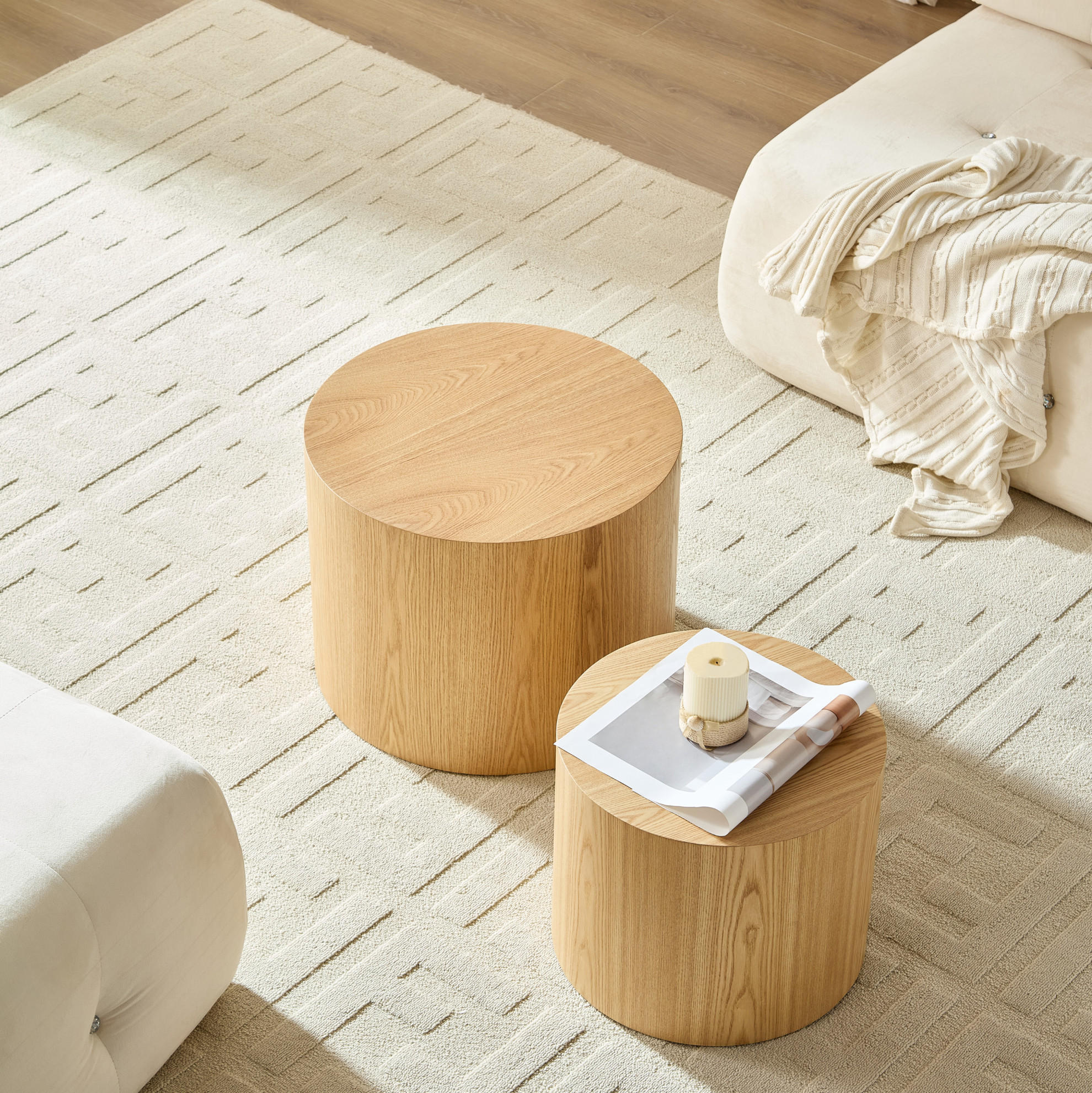 2ER Satztisch-Set 48/48/38 und 38/38/32 cm platzsparend ineinanderstellbar mit kratzfester Oberfläche, Natur - Naturfarben, Holzwerkstoff (48/48/38cm) - Redom