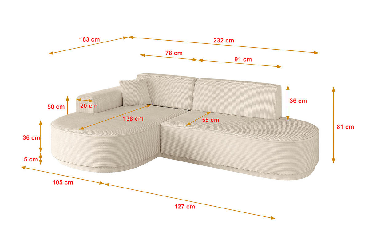 ECKSOFA Ottomane Links MARI-L1 - 232x163x81 cm Beige Cord - Beige/Schwarz, Holzwerkstoff/Kunststoff (163/234cm) - ALTDECOR