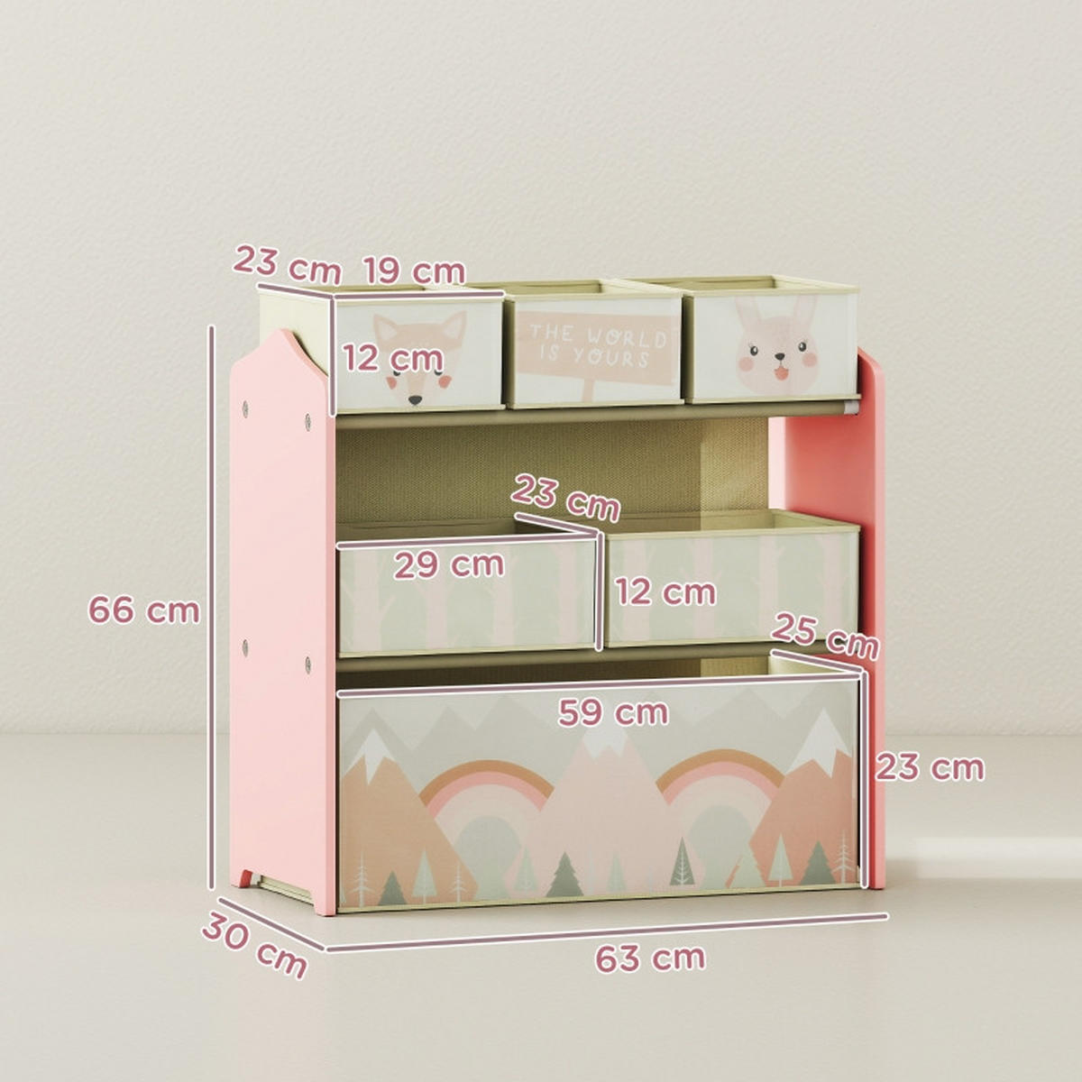 KINDERREGAL DE-09565 6 Stoffboxen mit niedlichem Motiv Rosa - Pink, Holzwerkstoff (63/66/30cm) - ComfortXL