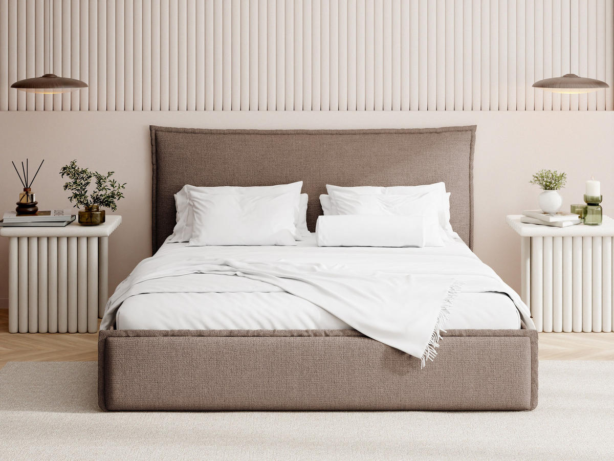 POLSTERBETT Pillow mit Bettkasten, Lattenrost & hohem Kopfteil in Braun Chenille 120x200 cm - Birkefarben/Schwarz, Holz/Kunststoff (120/200cm) - WFL GROUP