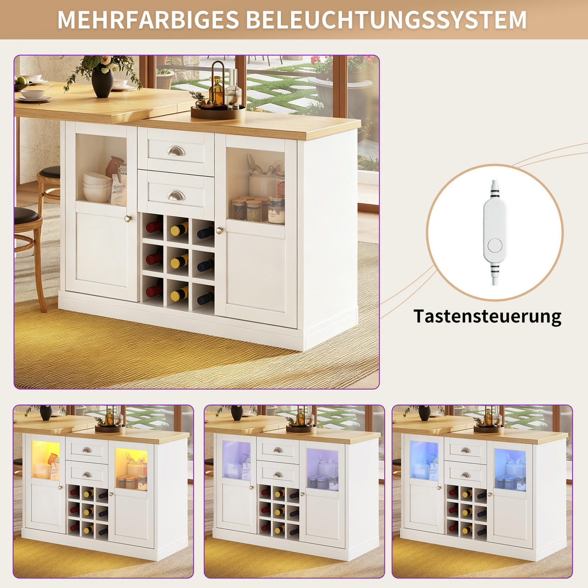 ESSTISCH Ausziehbar 120–197cm 360° LED Stauraum Weinregal - Weiß, Holzwerkstoff (40/120/72cm) - FLIEKS