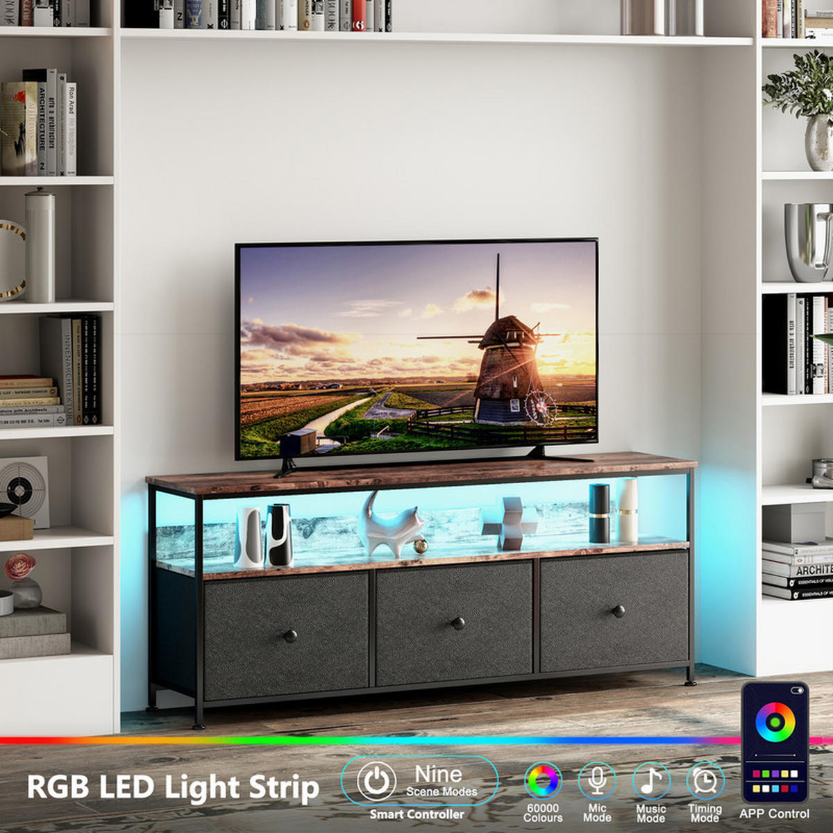 LOWBOARD, TV Schrank mit LED 137x30x57 cm, mit 3 Stoffschubladen und offenen Fächern - Schwarz, Holz (29.8/57/137cm) - WoodenAura