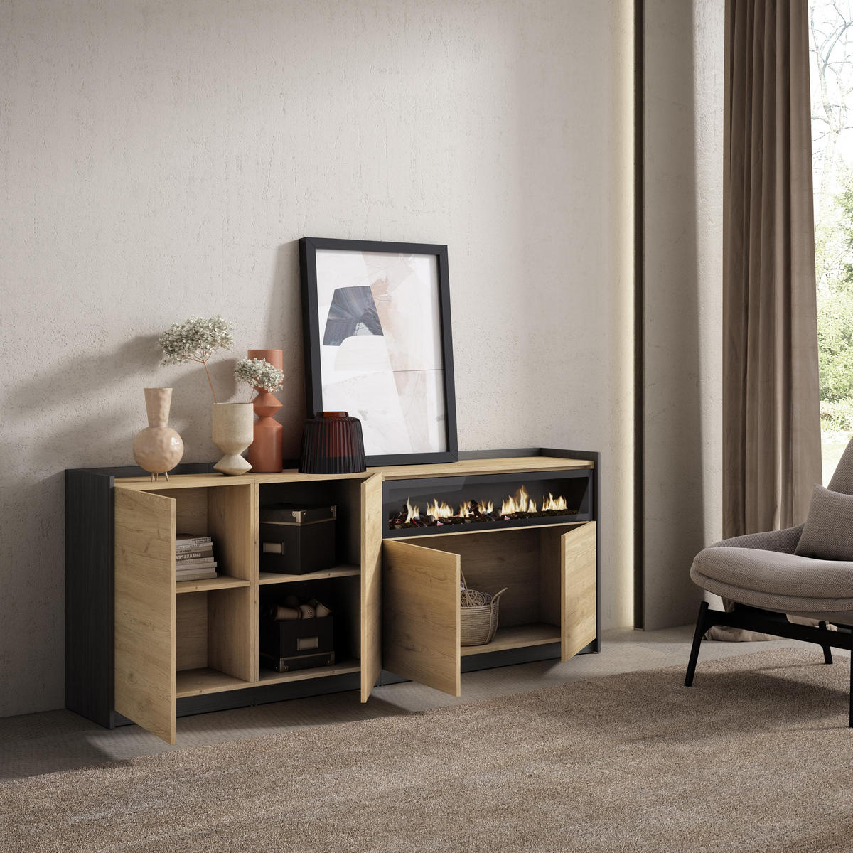 SIDEBOARD, Highboard, Eiche Schwarz, Elektrokamin, 207/37/80cm - Eichefarben, Holzwerkstoff (207/80/37cm) - Skraut Home