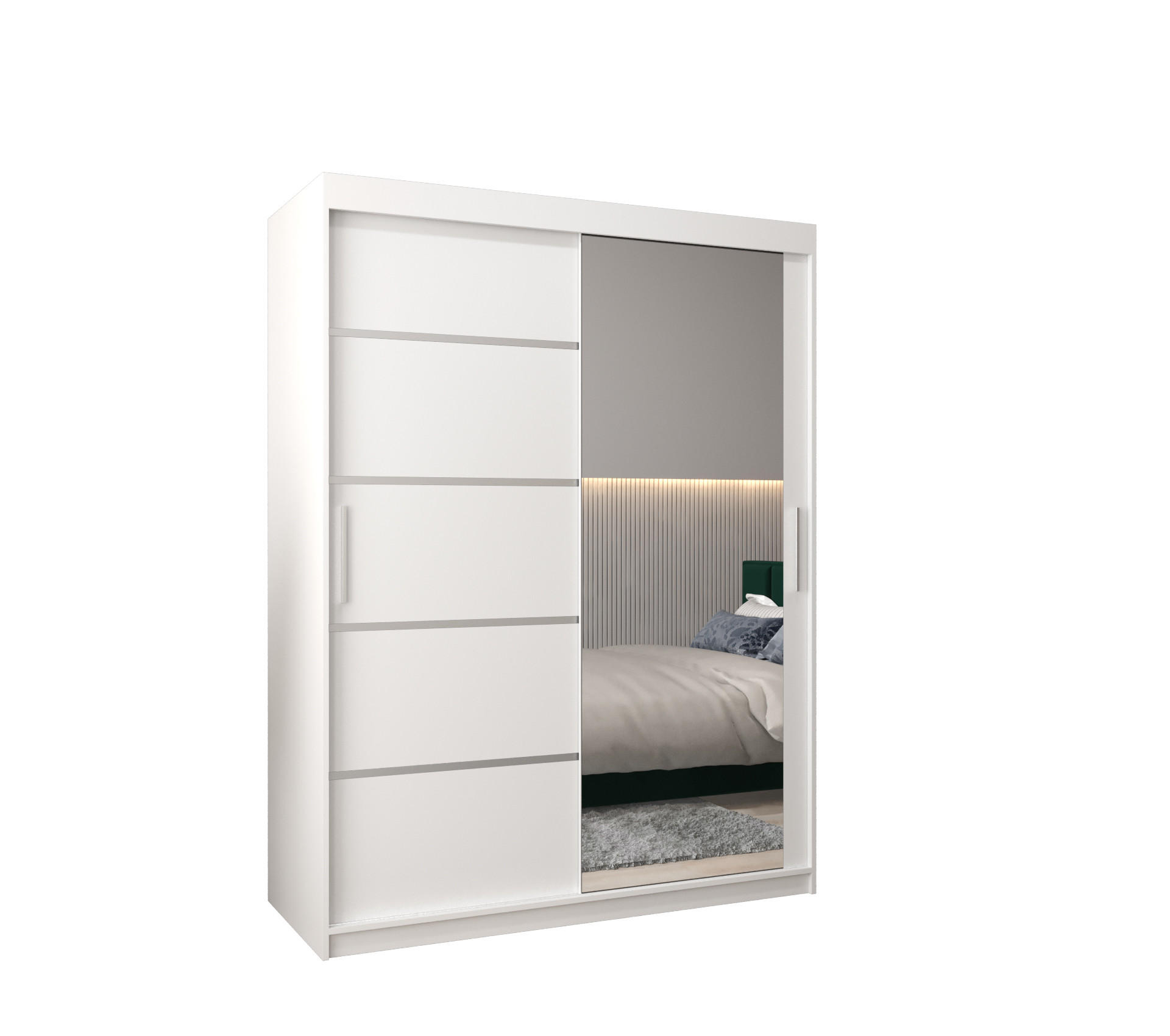 MÖBEL KRYSPOL SCHWEBETÜRENSCHRANK Weiß, Silber 150cm × 62cm × 200cm