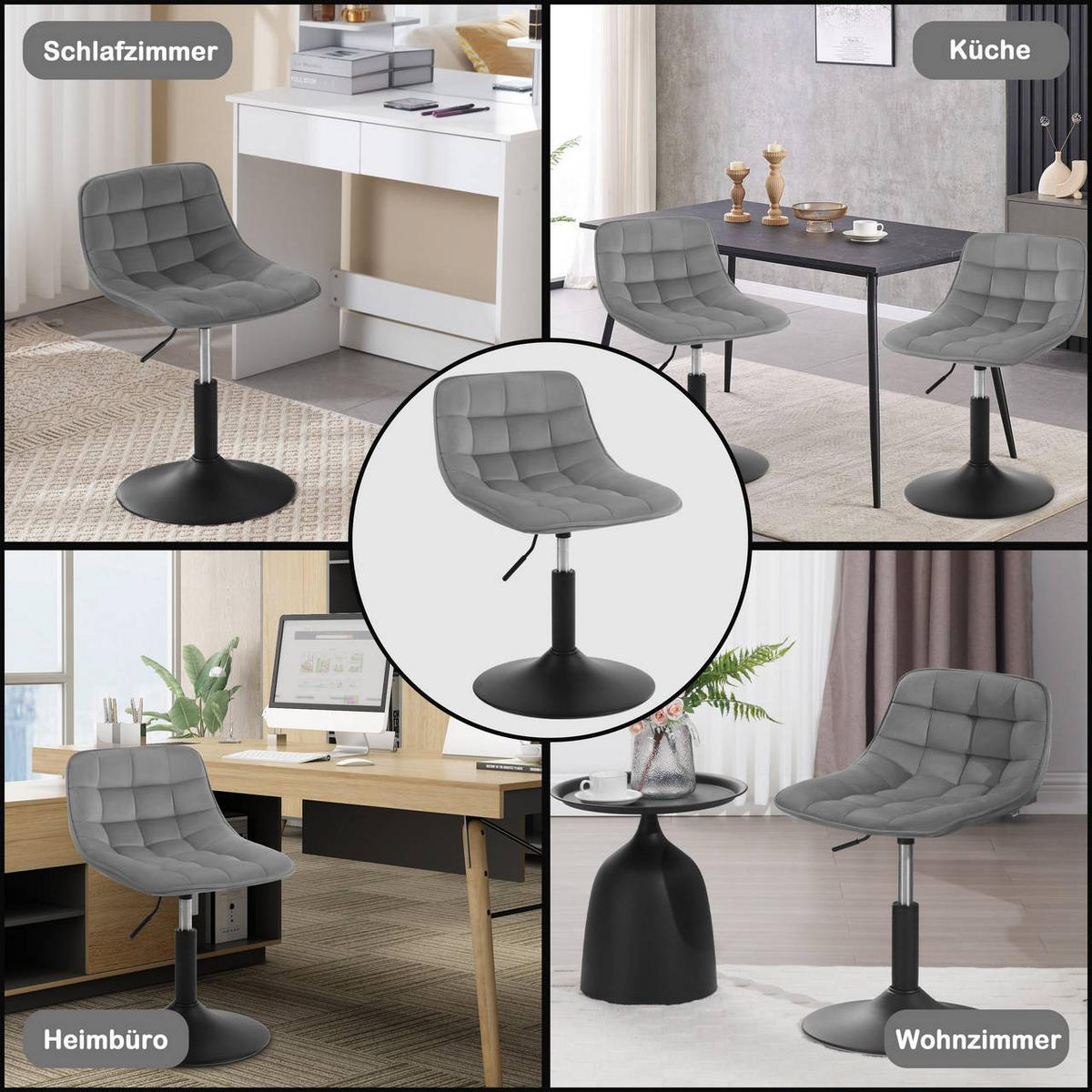 BARHOCKER Mehrzweck 360° Schwenken Samt, Hellgrau - Hellgrau/Schwarz, Textil/Metall (42.5/72/45cm) - Woltu