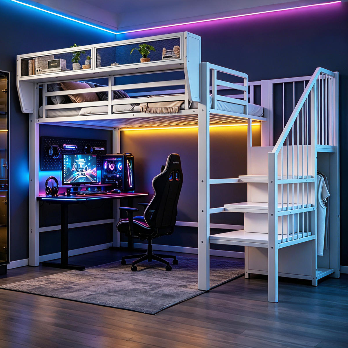 HOCHBETT 90/200 cm in Weiß mit Regal und LED - Weiß, Holzwerkstoff/Metall (90/200cm) - STILVORA