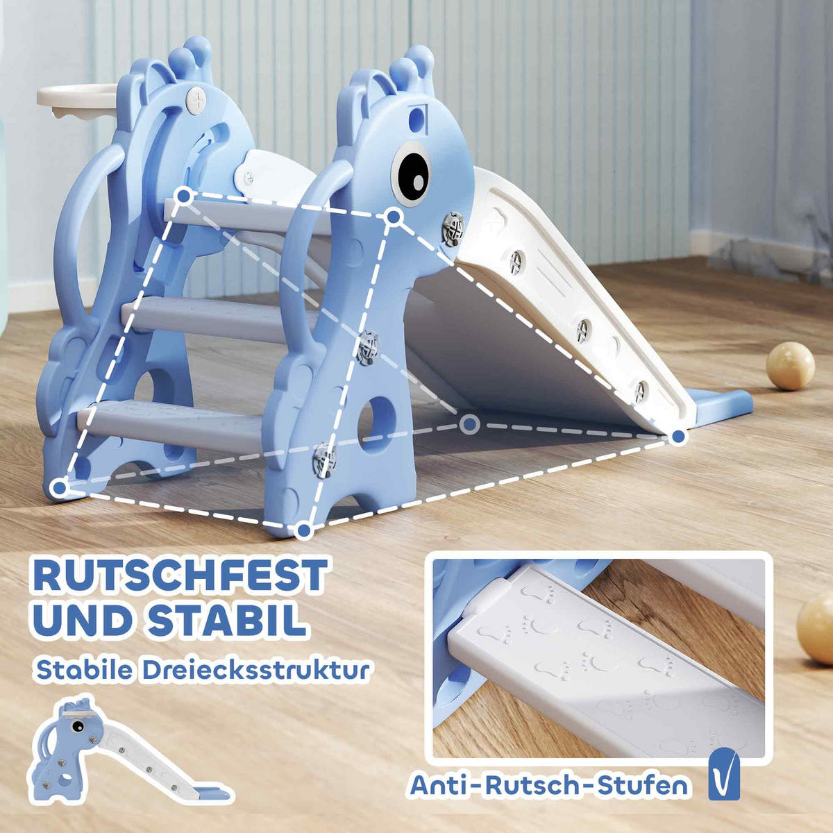 KINDERRUTSCHE, 3 in 1, Kleinkinderrutsche mit Basketballkorb, Basketball, Blau - Blau, Kunststoff (51.5/52/106cm) - AIYAPLAY