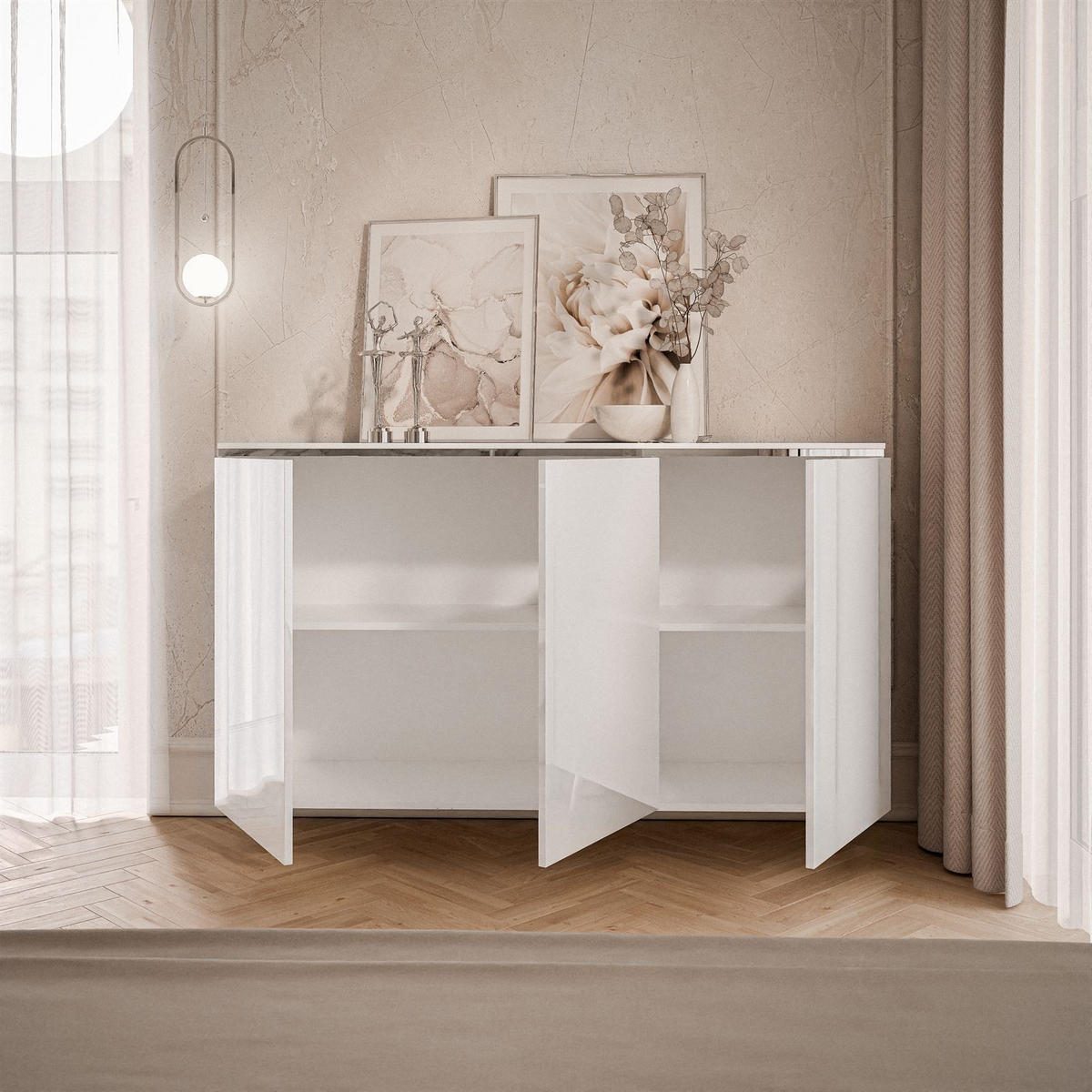 KOMMODE AURORA SILVER 3D – Hängend - Weiß Hochglanz, Holzwerkstoff (140/76/40cm) - Lookway
