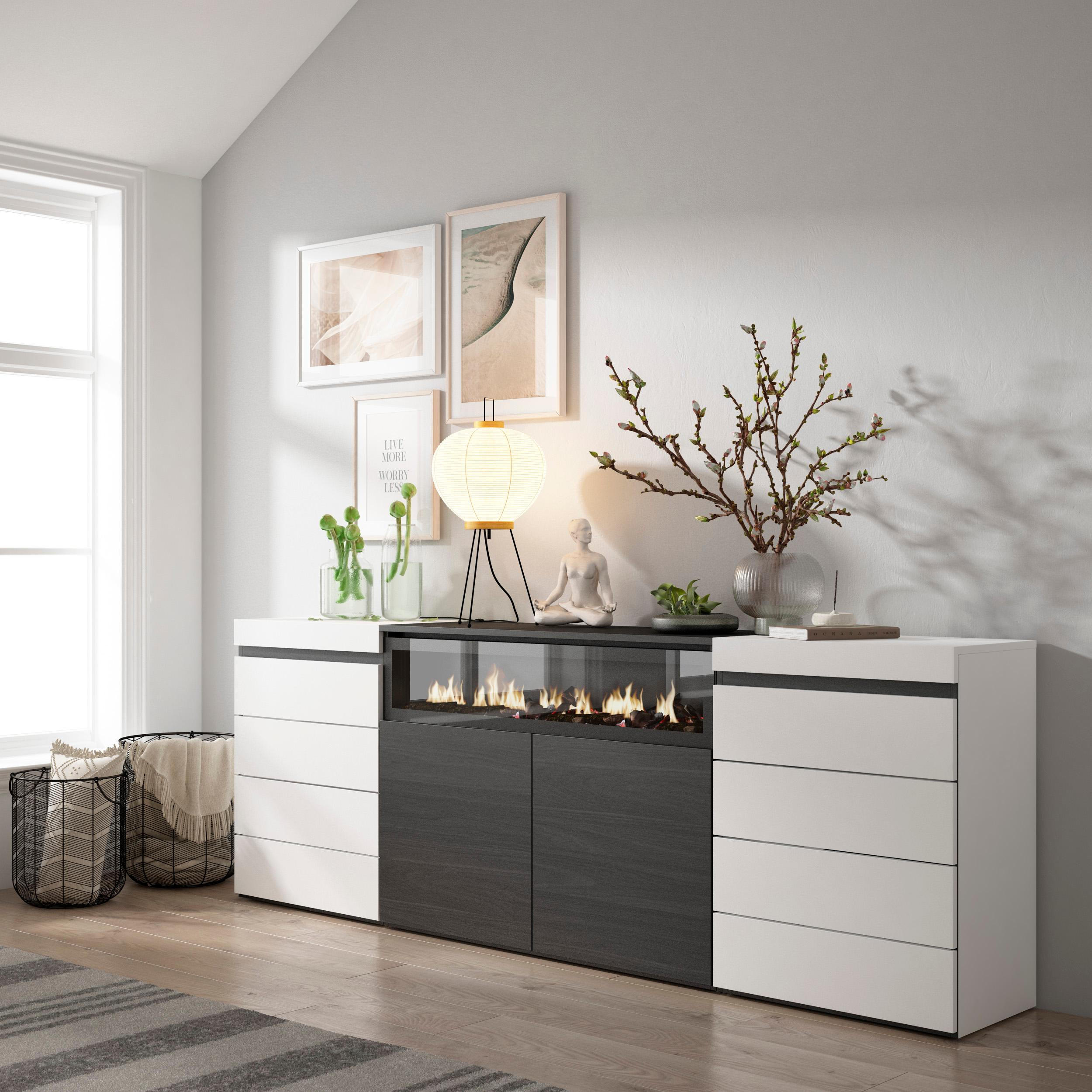 KOMMODE mit Schubladen, Elektrokamin, weiß und schwarz, 214/35/75cm - Schwarz/Weiß, Holzwerkstoff (214/75/35cm) - Skraut Home