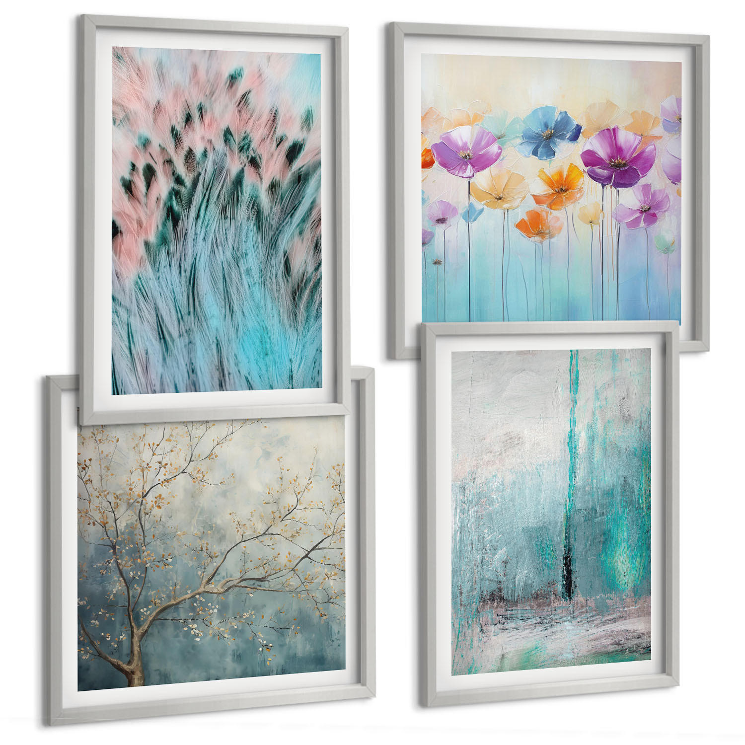 BILDER SET 4er Set - 50x50 cm & 40x60 cm Silberner Rahmen - Hintergrundmuster mit Pastellblumen - Silberfarben, Kunststoff (50/50cm) - TULUP