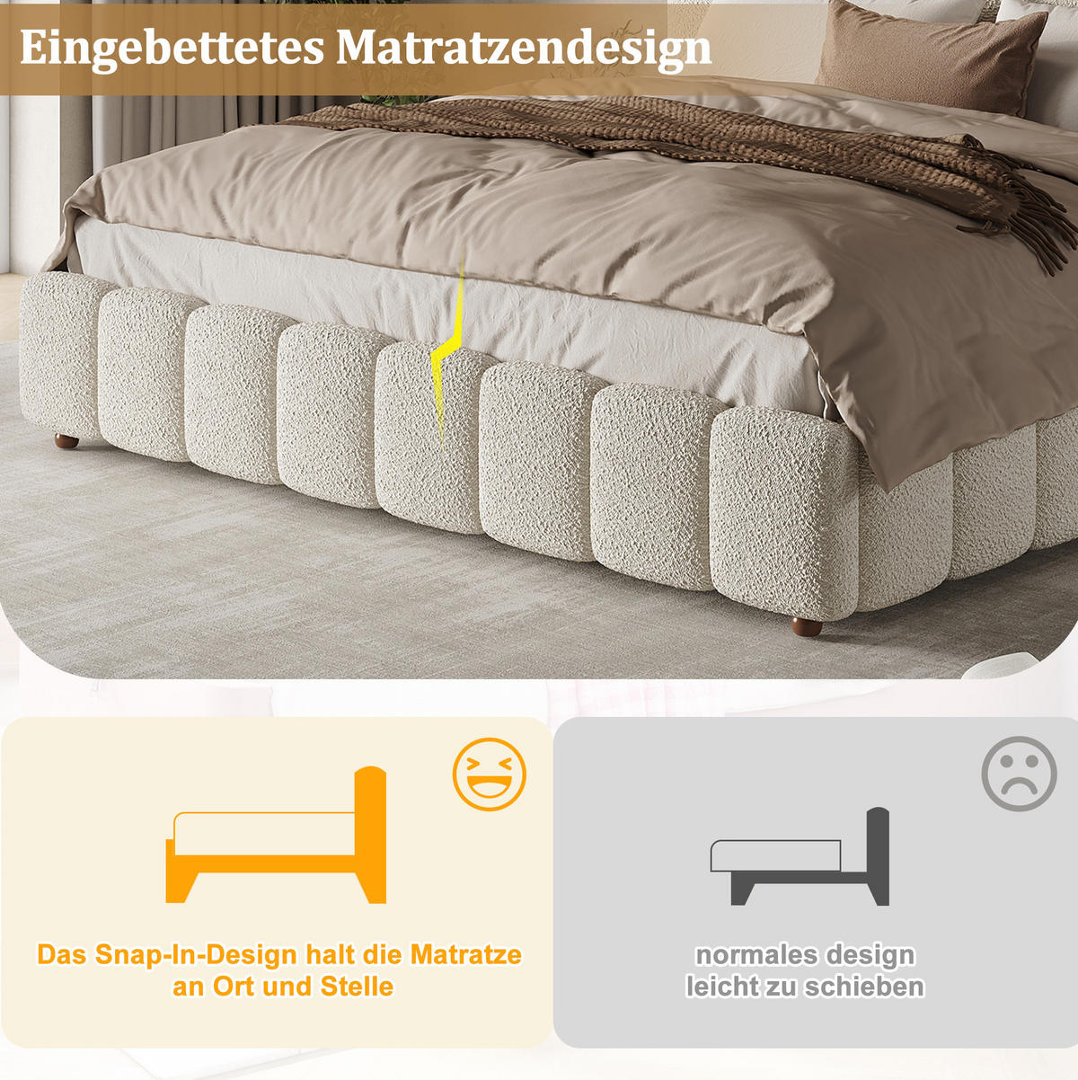 POLSTERBETT mit Bouclé-Bezug 160x200 cm Weiß mit Lattenrost und gepolstertem Kopfteil - Weiß, Textil (160/200cm) - Modfu