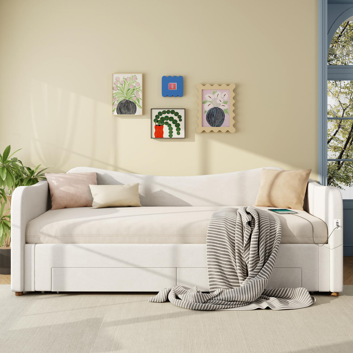 POLSTERBETT aus Samt 90x200 cm in Beige mit Ausziehfunktion & USB/Typ-C - Beige, Textil (90/200cm) - Modfu