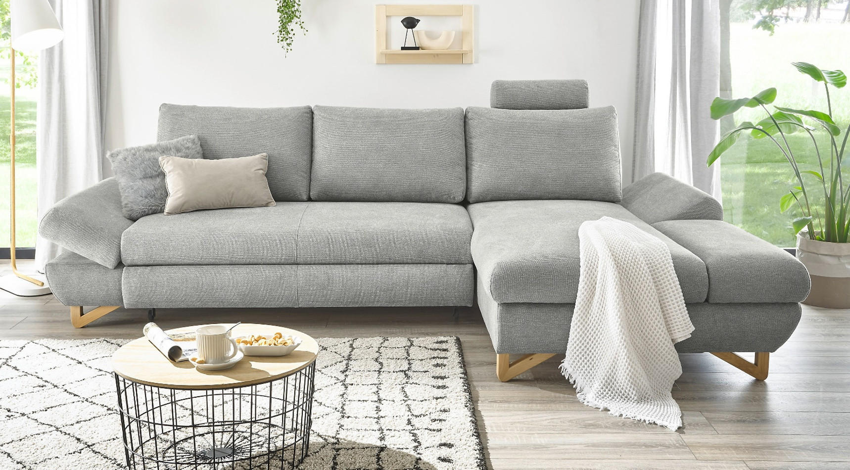 ECKSOFA hellgrau Struktur-Stoff, Sofa mit Bettfunktion und Stauraum 284 cm - Hellgrau, Holz/Textil (284/166cm) - Furn.Design