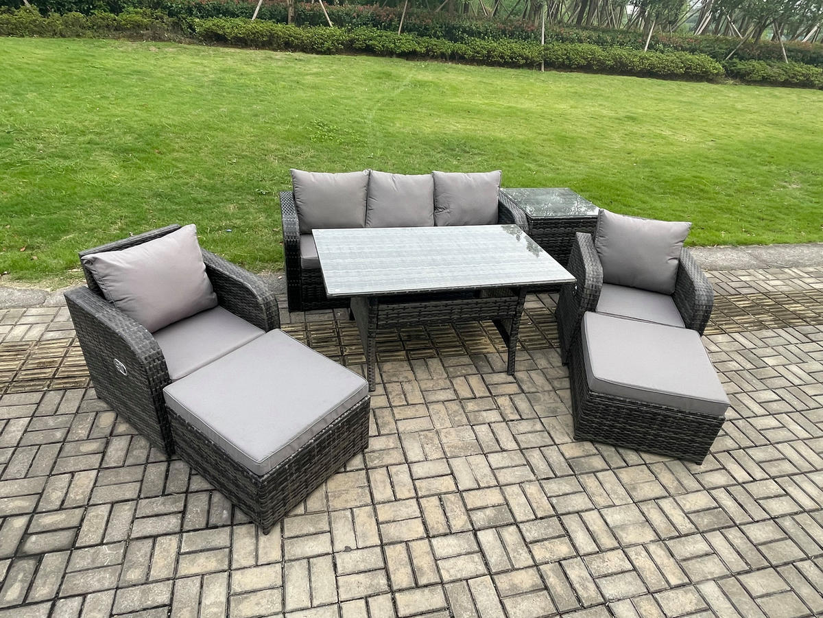 GARTENSET mit 3-Sitzer-Sofa,Hockern,Esstisch Polyrattan 7-Sitzer - Dunkelgrau/Grau, Glas/Kunststoff - Fimous