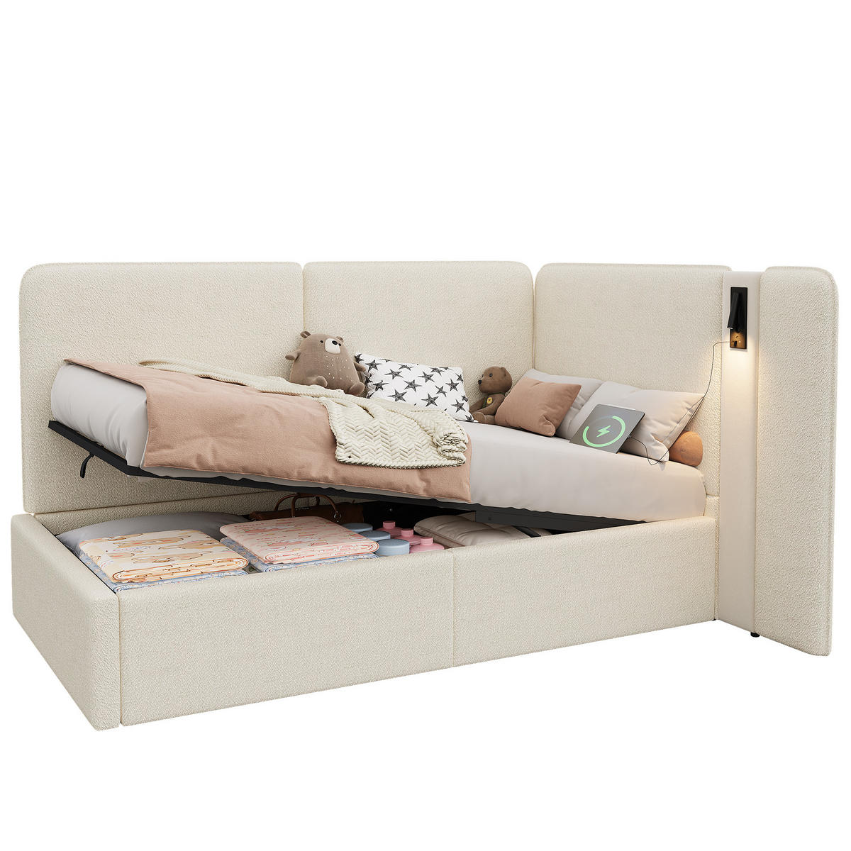 POLSTERBETT aus Schleife 90x200 cm in Beige mit Stauraum & USB/Typ-C - Beige, Textil (90/200cm) - Modfu