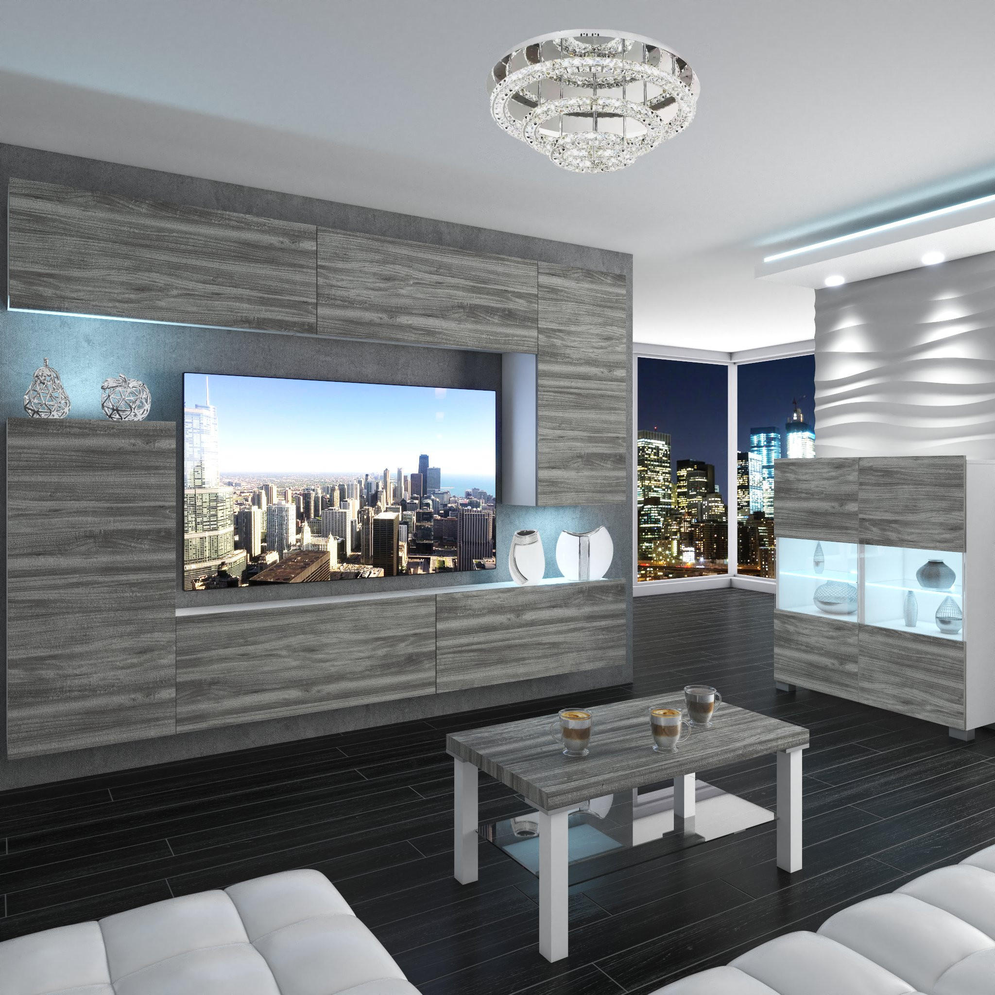 WOHNZIMMERWAND Schrankwand mit LED Glamour Holz - Grau, Holz (250/180/36cm) - B BELINI GROUP