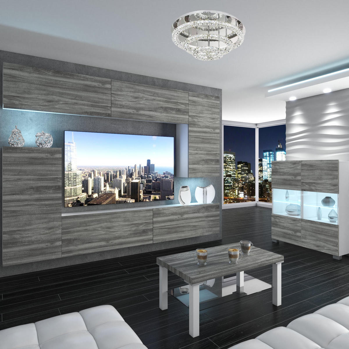 WOHNZIMMERWAND Schrankwand mit LED Glamour Holz - Grau, Holz (250/180/36cm) - B BELINI GROUP