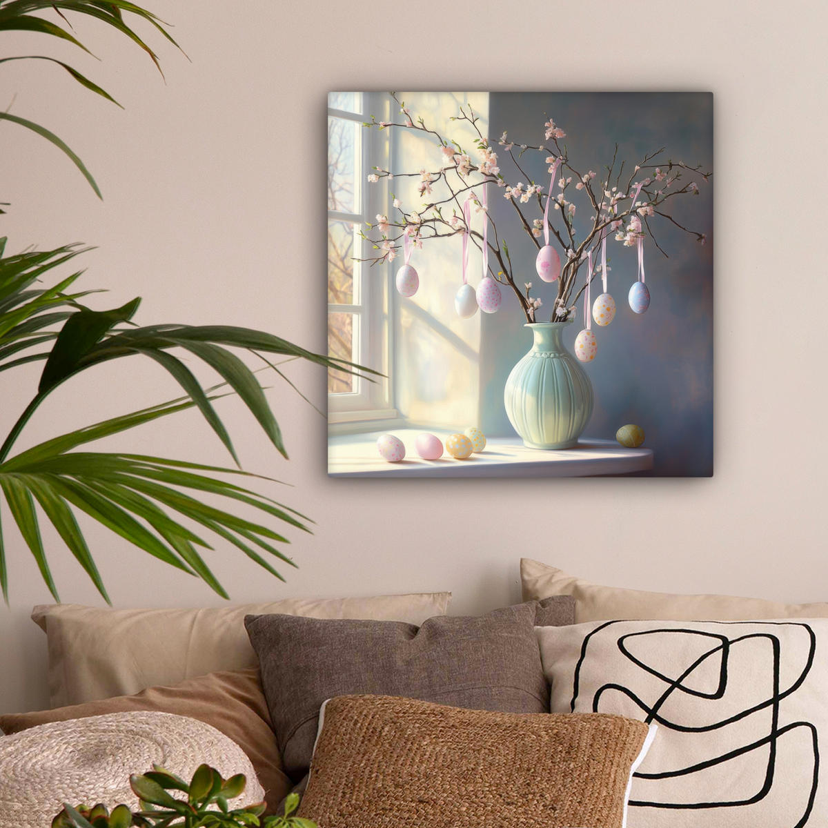 LEINWANDBILD Stillleben - Vase - Osterzweig Wandbild Wohnzimmer 50x50 cm - Hellblau, Textil (50/50cm) - MuchoWow