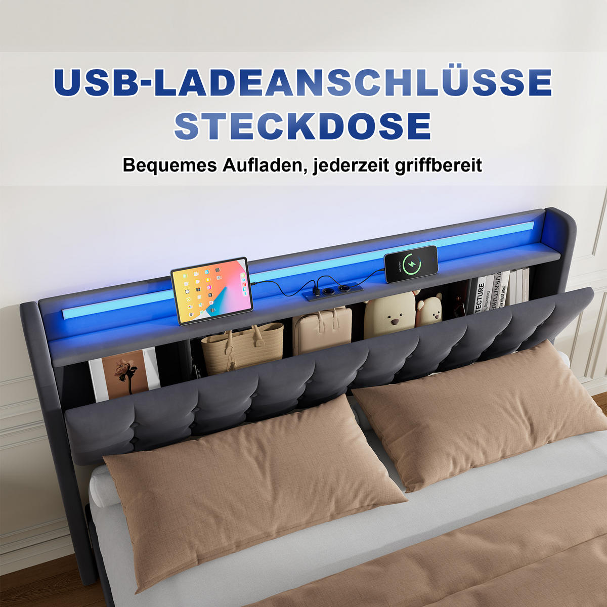 ČALOUNĚNÁ POSTEL 180/200 cm s matrací, zásuvkou a úložným prostorem, se zásuvkami - šedá, kov/kompozitní dřevo (180/200cm) - STILVORA