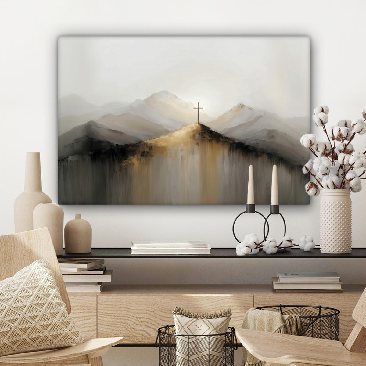 LEINWANDBILD Hügel - Abstrakt - Kreuz - Christentum Gemälde 60x40 cm - Beige, Textil (60/40cm) - MuchoWow