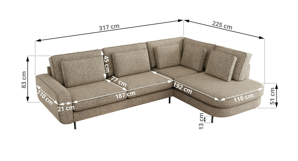 ROHOVÁ SEDAČKA CALENO L - Béžová Strukturovaná látka - Pravá Strana - kapučínová/černá, kov/textil (317/225cm) - MKS