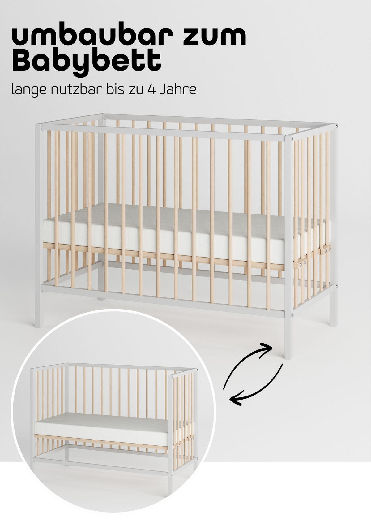 BEISTELLBETT Matratze Cloud Air Rollen & Umbauseite weiß/natur Dreamy 4in1 Bett - Weiß/Naturfarben, Holz (120/90/60cm) - Sämann – make a difference.