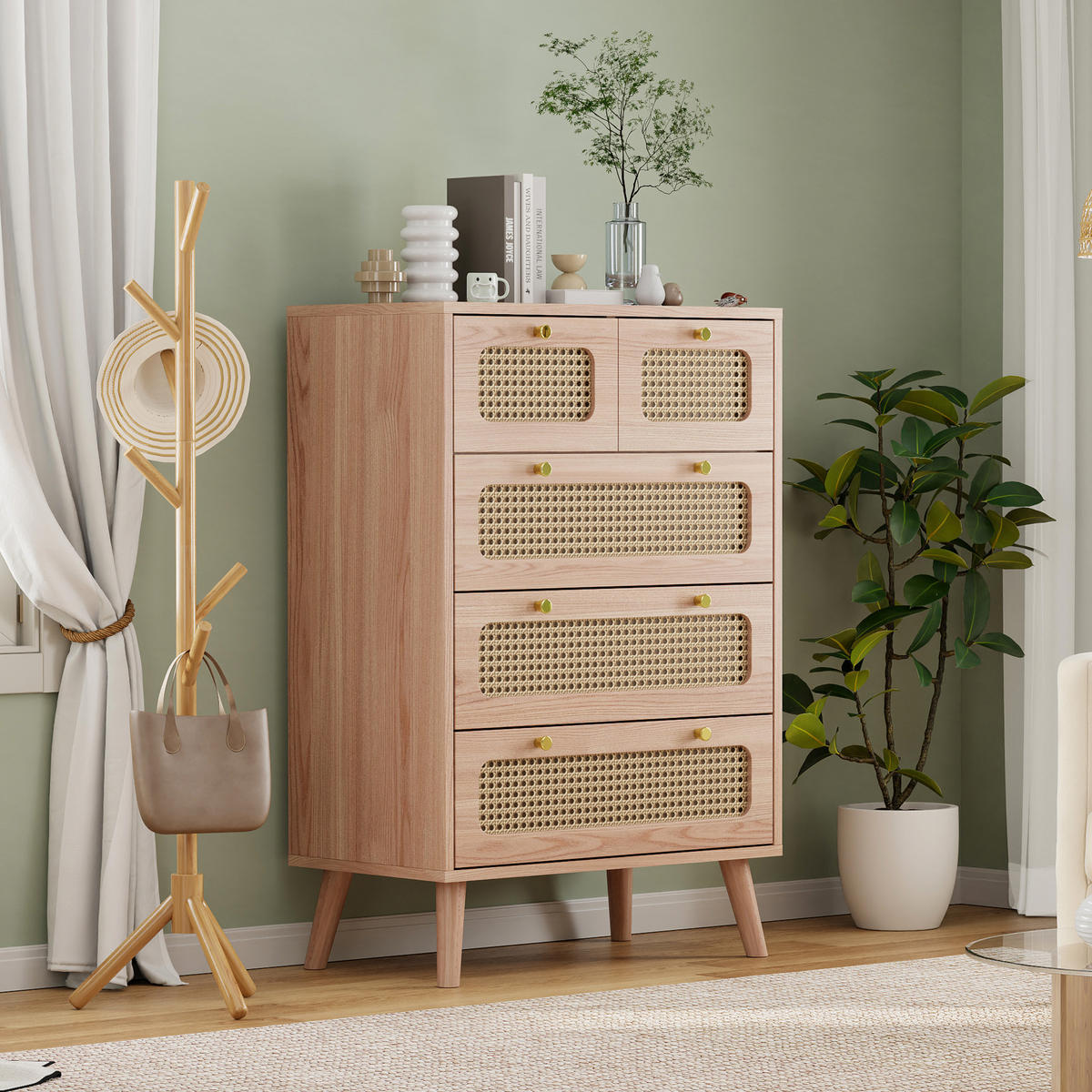 KOMMODE in Holzoptik mit 5 Schubladen & Rattan-Front - Naturfarben, Holzwerkstoff (34/91/60cm) - SHOPENTRA