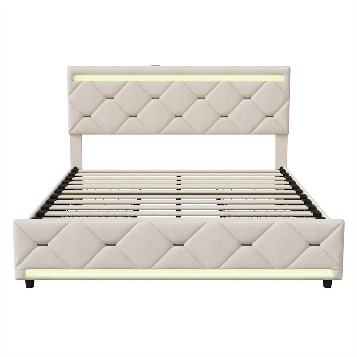 POLSTERBETT 140x200 cm - Doppelbett mit 4 Schubladen und LED-Beleuchtung an Kopfteil und Fußteil - ohne Matratze - Beige, Textil (140/200cm) - DELFA