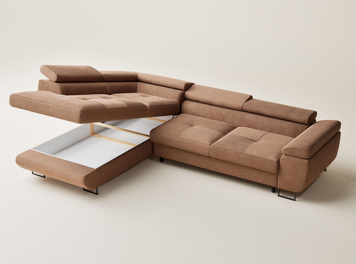 ECKSOFA Concord Hellbraun Chenille-Stoff - Links Seite - Hellbraun/Schwarz, Holz/Holzwerkstoff (203/277cm) - Maison de Reve