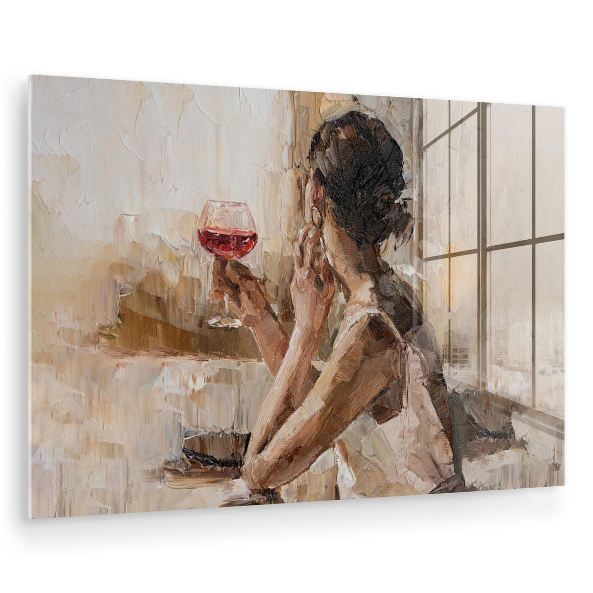 ACRYLGLASBILD Ölgemälde - Frau - Wein 120x80 cm - Hellbraun, Glas (120/80cm) - MuchoWow