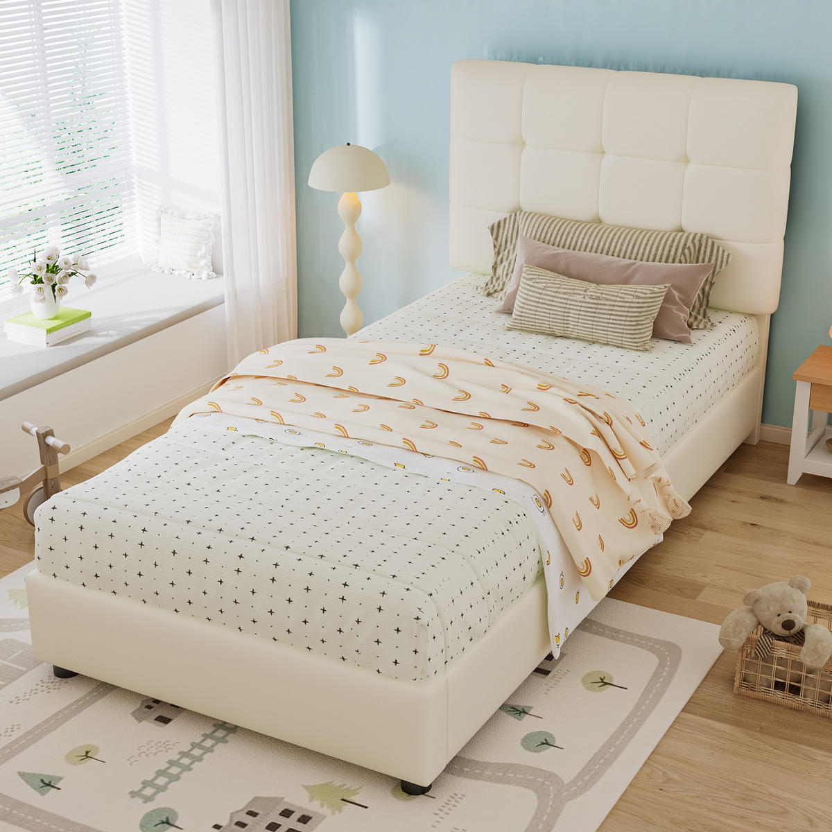 POLSTERBETT 90/200 cm Beige mit Keksförmigem Kopfteil aus PU und Eisen - Beige, Holzwerkstoff (90/200cm) - OKWISH