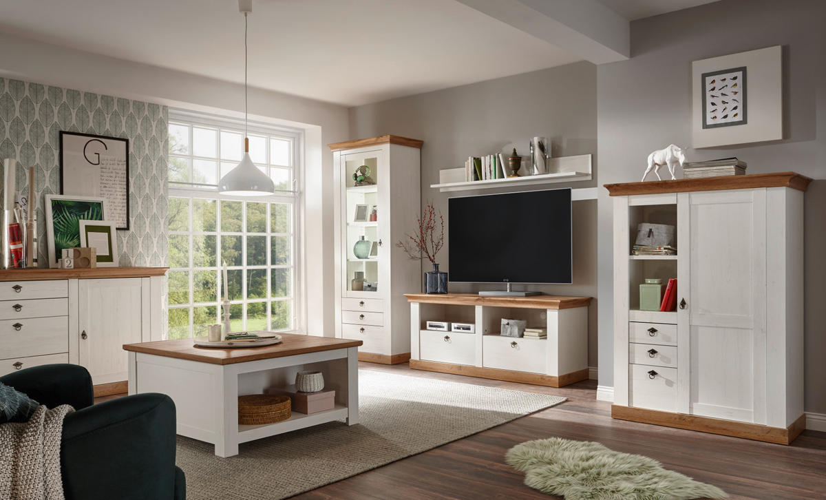 HIGHBOARD weiß Pinie, Eiche, Landhaus Kommode 100 x 140 cm - Silberfarben/Eiche Wotan, Holzwerkstoff/Metall (102/139/44cm) - Furn.Design