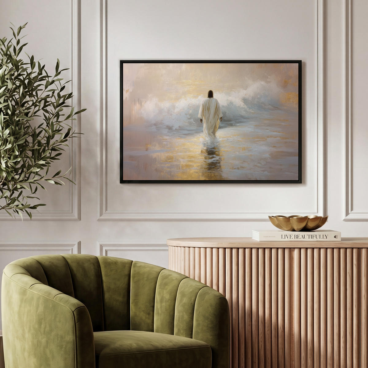 LEINWAND Bilder mit Rahmen - Gemälde - Welle - Jesus - Abstrakt - 60x40 - Goldfarben, Textil (60/40cm) - MuchoWow