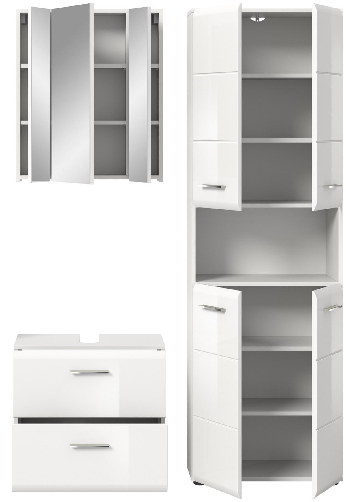 BADMÖBEL Set 3-teilig in weiß Hochglanz Badkombination 135 x 185 cm Cover - Weiß Hochglanz/Silberfarben, Glas/Holzwerkstoff (135/185/30cm) - Inn.Furn