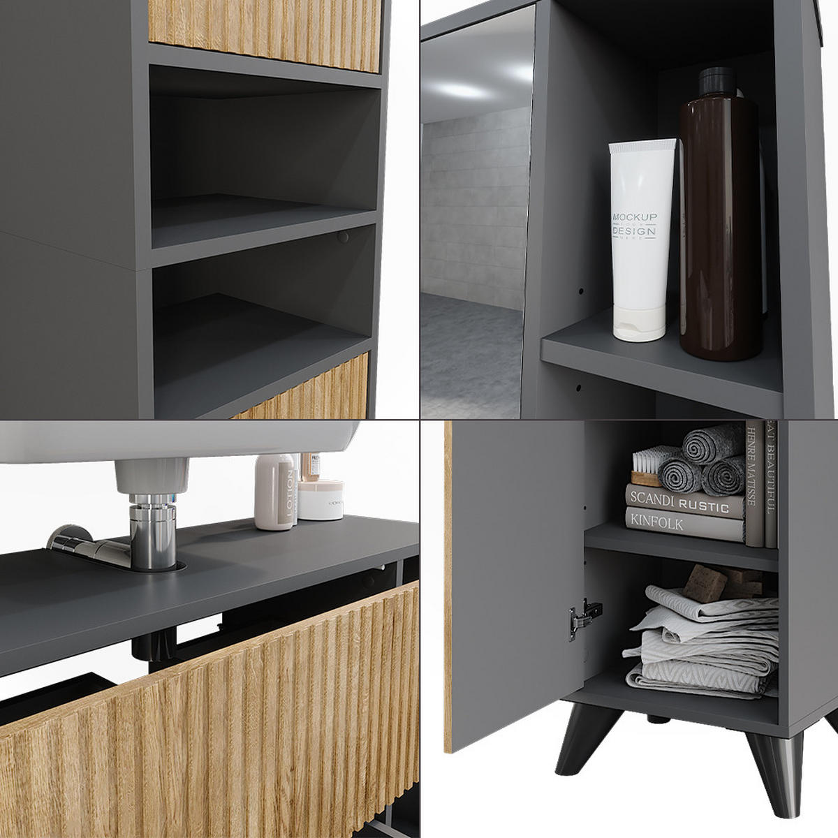 BADMÖBEL-SET Leano Anthrazit/Bergeiche 80 cm, Set 3 - Eichefarben/Anthrazit, Holzwerkstoff (80/62/30cm) - Vicco