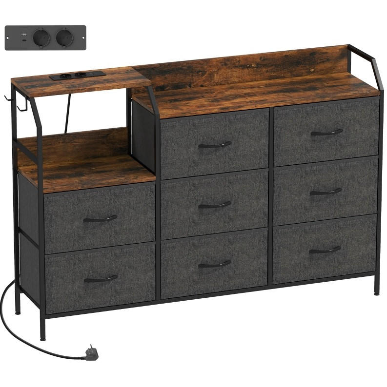 KOMMODE 130,5/30/88 cm mit 8 Schubladen und Ladestation – Industrial-Look in Braun/Schwarz - Schwarz, Textil (130.5/88/30cm) - BEAOK
