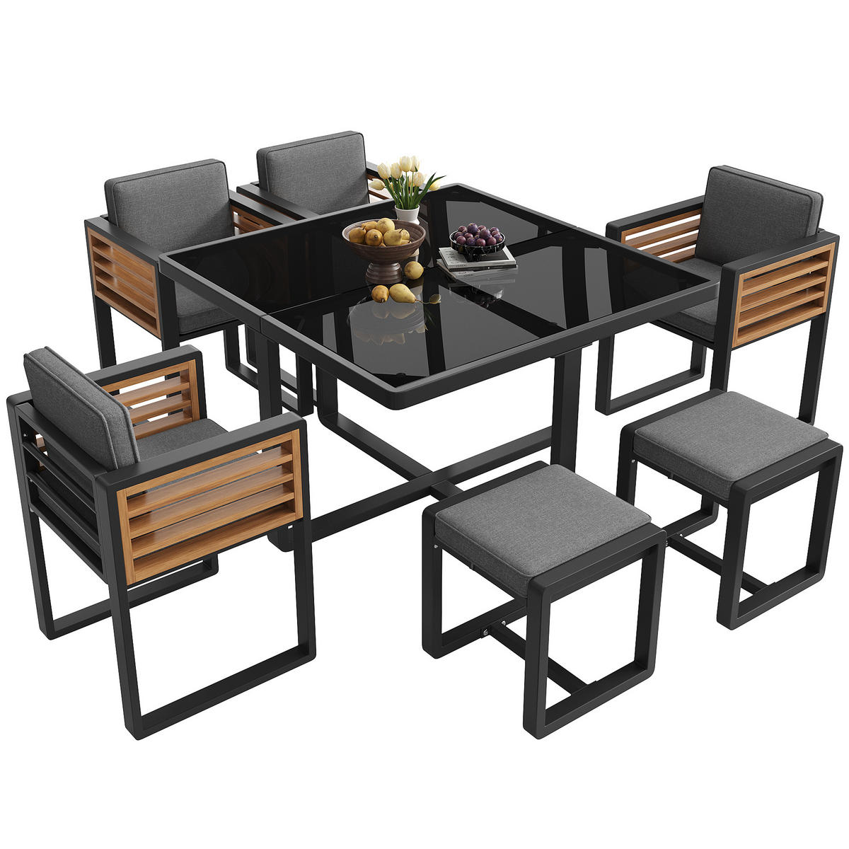 GARTENMÖBEL-SET Modernes 7-tlg. Schwarz - Grau, Metall - ComfortXL