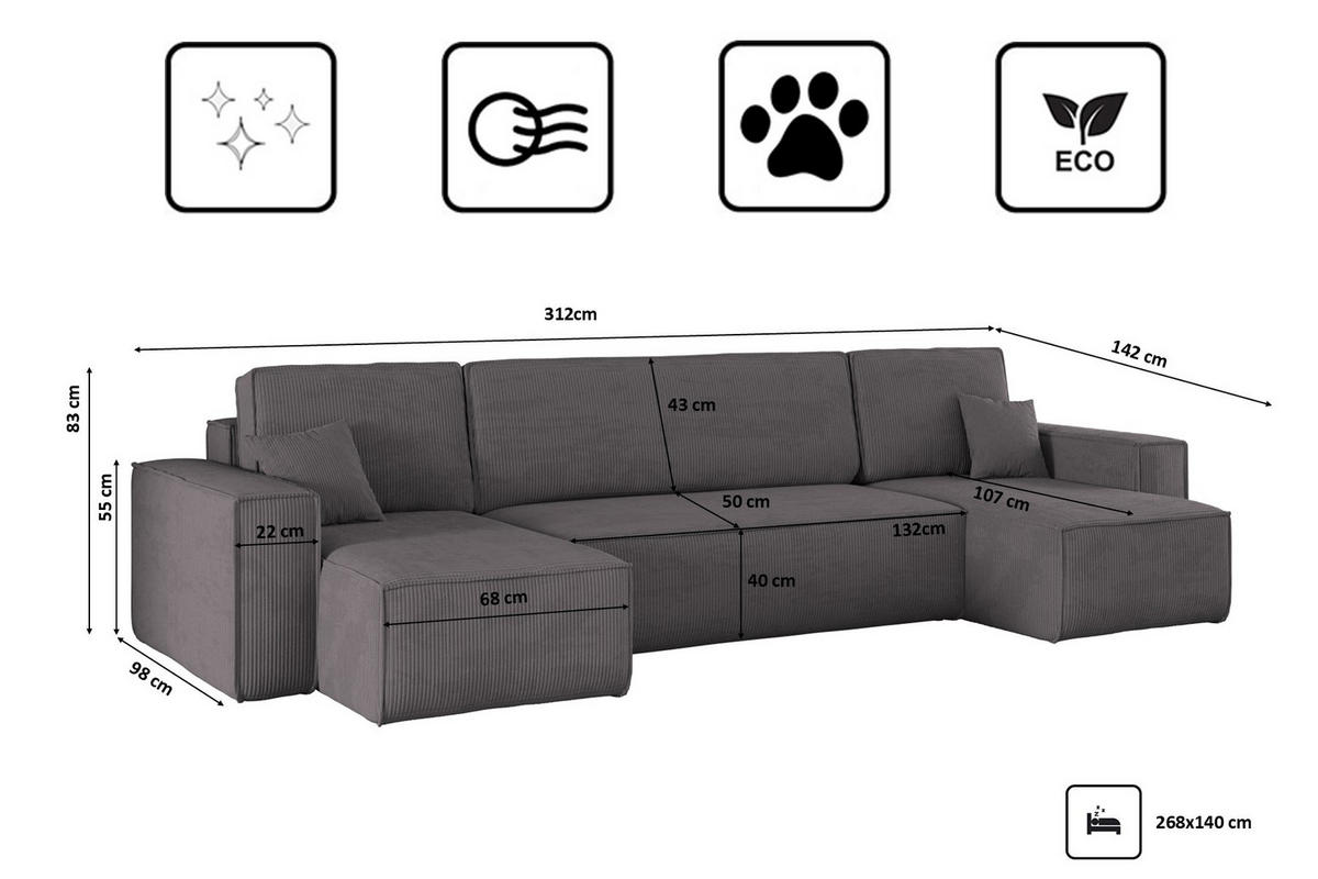 ECKSOFA Mit Schlaffunktion Und Bettkasten BEST Dicker Cord Poso Dunkelgrau - Dunkelgrau, Holz/Textil (312/142cm) - Kaiser Möbel